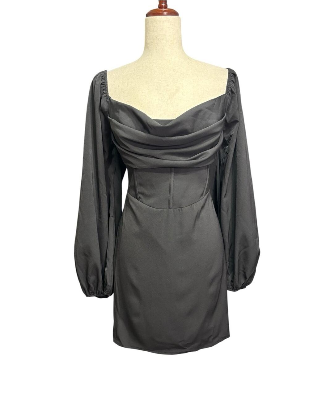NWT Princess Polly Lilli Long Sleeve Mini Dress Black Corset Cowl Size 12 0105